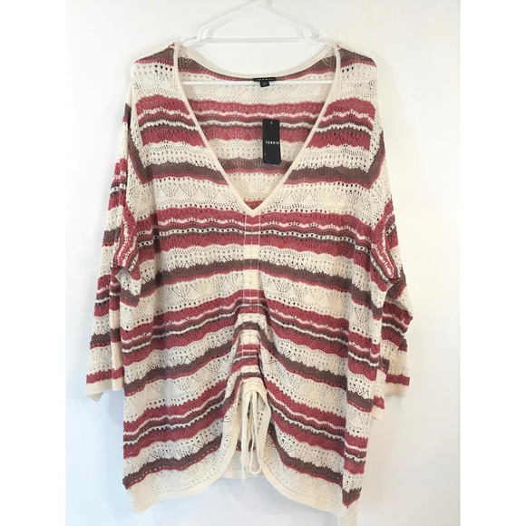 Torrid Open Stitch Pullover V Neck Cinched Front Sweater Pink Stripe 4X - Picture 5 of 10